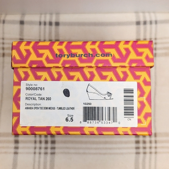 Tory Burch Amanda Demi Wedge Tumbled Leather Royal Tan Women's Size 6.5 - Picture 16 of 16